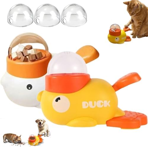 Duck Cat Treat Dispenser, Interactive Button-Operated Slow Feeder with 3 Grain Bin Covers, Puzzle Toy for IQ Training & Mental Stimulation (Yellow+White)