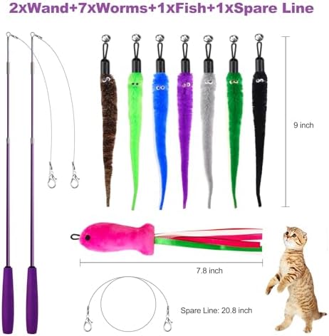 Cat Toys 11Pcs Interactive Cat Wand Worm Refills for Indoor Cats