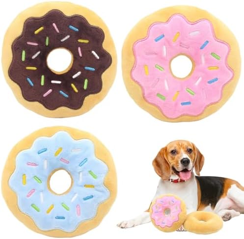 Donut Dog Toy, 6 Inch Bite Squeaker Sound Dog Donut Toys with Exquisite Embroidery, 3Pcs Interactive Soft Plush Toy for Small Medium and Large Dogs.