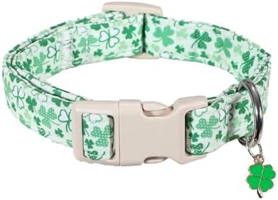 Spring Dog Collars for Medium Dogs, Green Dog Collar with Green Clover Pattern, Medium Girl Boy Pet Collar with Spring Summer Design, M