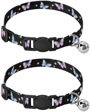 Butterflies Polka Dots Black Collars for Cats, 2 Pack Puppy Collar with Bell