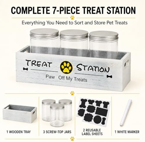 Pet Treat Container with 3 Airtight Jars and Wooden Tray, Labels and Marker