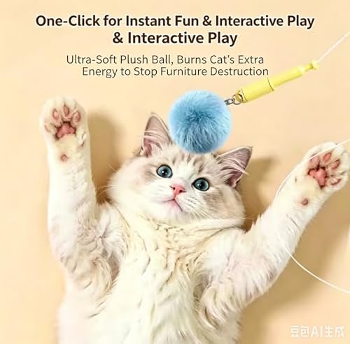 Hands-Free Electric Cat Toy Interactive Teaser Entertainment Toy for Kitten, One-Click Pop Out & Auto Retractable Cat Wand Toy with Soft Balls, Kitten Teaser Toys for Indoor Cats (Sky)
