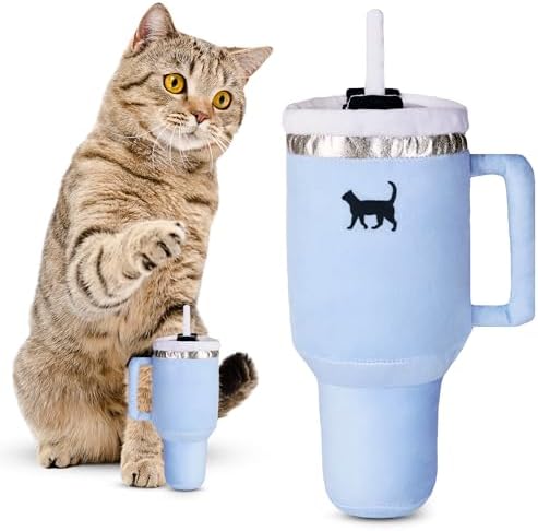 PUPROAR Kitty Cup Catnip Cat Toy, Cute Kitten Gift, Cat Birthday Toy with Crinkle for Indoor Cats (Chambray Blue)