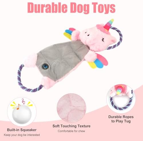 Interactive Squeaky Dog Chew Toy, Tough Plush Dog Toys for Chewers, Small, Medium & Large Dogs, Plush with Double Rope Handles for Tug of War, Mess-Free, Pink
