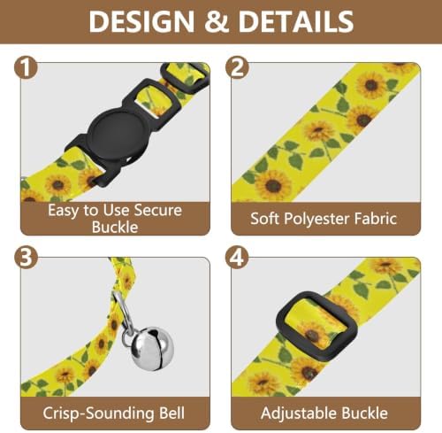 Sunflowers Yellow Metal Bell Included Cat Collars 2 Pack Collar for Cats