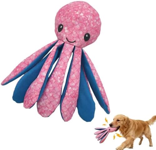 10.24" Recycled Canvas Octopus Squeaky Dog Toy, Durable Stuffed Chew Toy for Puppy Teething, Interactive Play for Small Medium Large Dogs, Pink Blue