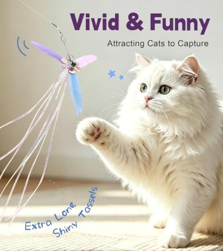 SONGWAY Interactive Cat Wand Toy Set - Retractable Cat Teaser Wand with 8 Cat Toy Attachments, Dragonfly Butterfly Bird Mouse Yarn Ball Tassel Feather Cat Toy Refills for Indoor Cats Kittens, Purple