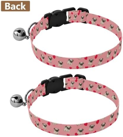 2 Pack Cat Collar Cute Cartoon Pugs Red Hearts Cat Collars with Bell, Adjustable 10.6 to 17.1 Inches