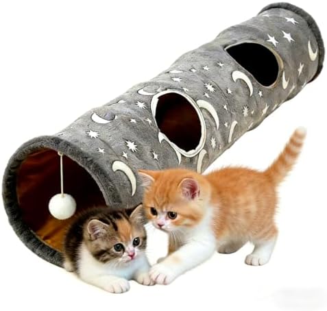 Glow-in-the-Dark Cat Tunnel for Indoor Cats Large Foldable Cat Play Tunnel with Hanging Ball 2 Peepholes Interactive Cat Toy for Kittens Pet Tunnel for Small Dogs Cat Tube for Indoor Cats