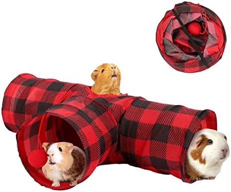 YUEPET 3 Way Bunny Hideout Tunnel, Guinea Pig Toys, Red Plaid