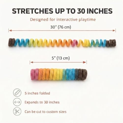 Glaciart One Felt Spring Cat Toy – 5 Pcs Soft Fuzzy Enrichment 100% Natural Wool - Interactive Stretchable Play Cat Toy Set - Safe for Pets, Non-AZO Colored Dyes - 30” Long