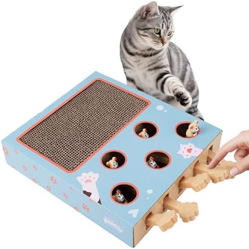 PAWISE Interactive Cat Scratcher Toy - 3-in-1 Cardboard Cat Scratching Board & Interactive Puzzle Toy Box for Indoor Cats, Nail File Scratch Pad with Pop-up Mice, Cat Enrichment Toy for Kitten