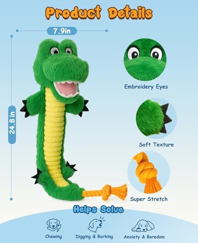 Swooflia Dog Rope Toy - Interactive Cute Dinosaur Squeaky Plush Toys No Stuffing, Teeth Cleaning for Small Medium and Large Dogs, Durable Puppy Tug of War Chew Toy for Training and Play