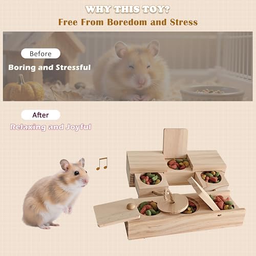2 PCS Wooden Foraging Toys for Guinea Pigs, Hamsters & Chinchillas, Small Pet Puzzle Feeder with Drawers and Ropes, Natural Wood Chew Enrichment Activity Toy