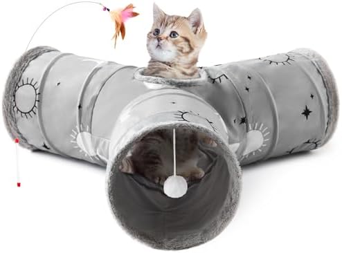 Tempcore Cat Tunnel, 3-Way Collapsible Toy for Indoor Cats, Grey Sun