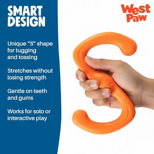 West Paw Zogoflex Bumi Dog Tug Toy – S-Shaped, Lightweight Chew Toys for Fetch, Play, Pet Exercise – Tug of War Soft Flinging Squishy Chewy Toy for Dogs – Guaranteed, Latex-Free, Large 9.5", Tangerine
