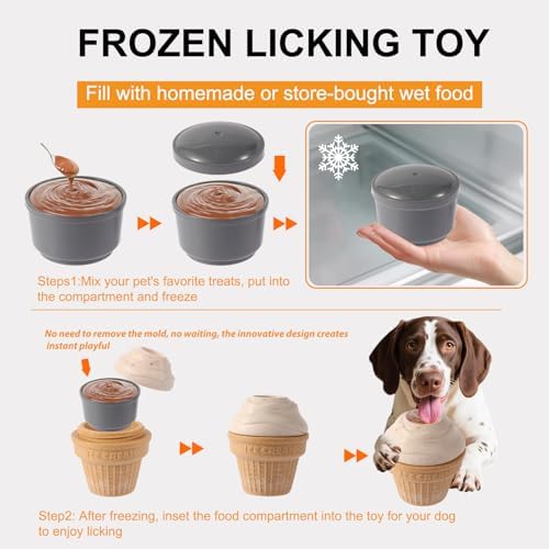 Dog Frozen Treat Toys 2 Pack, 3in1 Enrichment Toys for Dogs in Ice Cream Shape, Long Lasting Treat Dispensing Dog Interactive Toys for Aggressive Chewers to Keep Them Busy