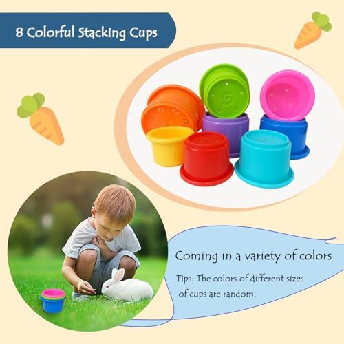 8 Pcs Stacking Cups for Rabbits Guinea Pig - Safe Reusable Bunny Toys Rabbit Toys in Different Sizes, Durable Rainbow Colored Nesting Toys for Bunny Small Animals Hiding Food and Playing