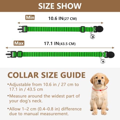 Green Stripes Dog Collar with Bell 2 Pack Kitten Collar Adjustable Length 10.6" to 17.1"