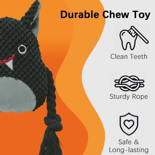 Black Bat Squeaky Plush Dog Chew Toy, 10.6 in Rope Crinkle Toy