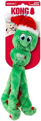 KONG Holiday Wubba Octopus Dog Toy – Christmas Plush Squeaky Tug & Fetch Toy with Santa Hat, Durable Festive Play Toy, Large