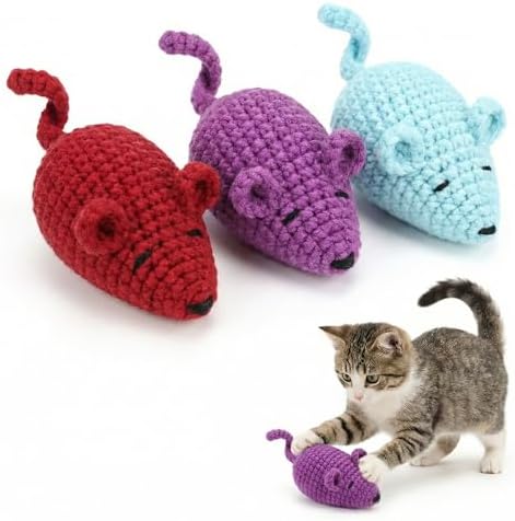 Catnip Toys Crochet Mice Cat Toys, 3 Pcs Handmade Durable Yarn Mice Toys with Natural Catnip & Silvervine, Interactive Kitten Chew Kicker Toy for Teeth Cleaning & Anxiety Relief
