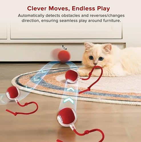 Interactive Cat Toy Ball for Indoor Cats, Motion Activated Cat Ball with 3 Speeds, 2 Replaceable Tails, Safe Material Kitten Toys, USB Charging, 360° Smart Rolling Ball for Bored Adult Cats and Dogs