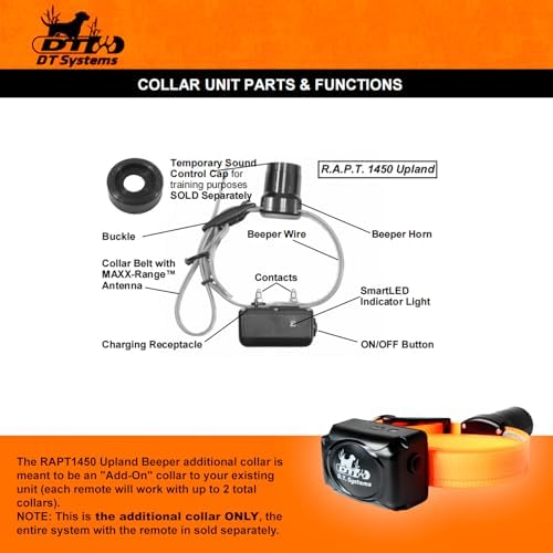 DT SYSTEMS RAPT1450 Upland Beeper Additional Collar Receiver for RAPT1450 Dog Training System, Rechargeable Programmable 12-23" Adjustable Add-On E-Collar - Orange
