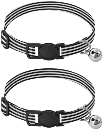 2 Pack Cat Collar Black White Stripes Small Dog Collar with Bell, Adjustable Length 10.6" to 17.1"