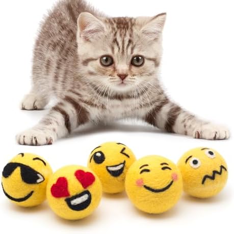Glaciart One Wool Emoji Ball Cat Toy – 5 Pcs with Catnip - Soft Fuzzy Enrichment 100% Natural Felt Cat Toy - Interactive Play Set - Safe for Pets, Non-AZO Colored Dyes – 1.5”