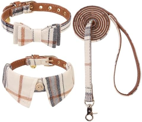 KOOLTAIL Small Dog Collar and Leash Set with Bowtie and Bells - Cute Shirt Style Puppy Bandana Collar and Leash for Male with Classic Plaid Pattern,Soft Leather Leashes for Small Dogs Boys Girls,Beige
