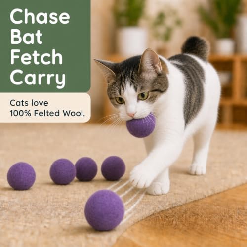 Wool Cat Toys - Felt Cat Toy Balls for Small Pet Fetch and Play - Eco Friendly Quiet Wool Ball Cat Toy for Cats and Kittens - Choose Your Colors 6PCS (Purple)