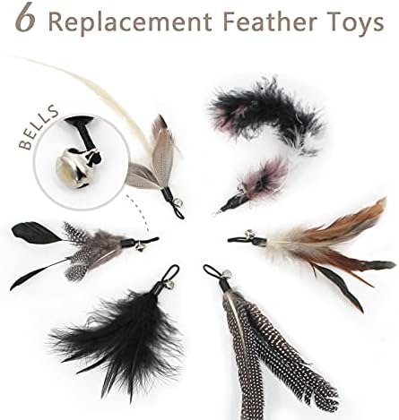 SONGWAY Interactive Cat Feather Toy Set - Retractable Teaser Wand with 6 Pcs Feather Refills with Bell, Cat Wand Toys for Indoor Cats Kittens Play Chase Exercise, Black