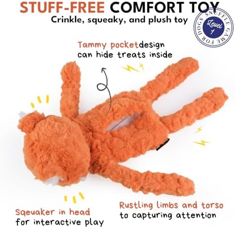 CHEWFFON Stuffless Fox Dog Toy, Squeaky & Crinkle Plush Treat Hiding Toy