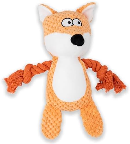 Squeaky Dog Toy Chew Plush Stuffed with Cotton Rope Crinkle Paper Soft Interactive Durable for Small Medium Large Dogs Puppy Pet Orange Fox