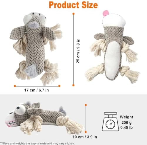 Gray Dog Plush Chew Dog Toy, 9.8 in, Squeaker and Rope