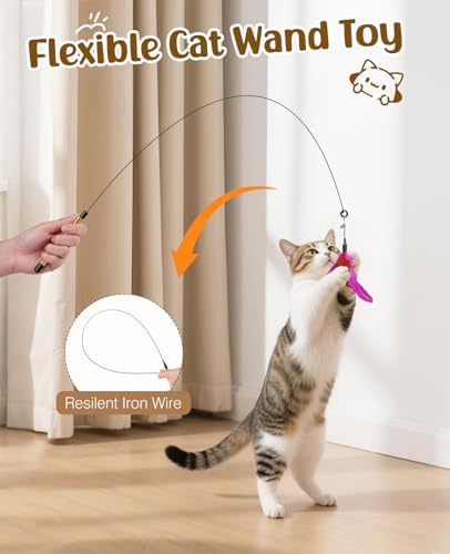 Pawaboo Cat Feather Wand Interactive Toy, 2 Feathers + 1 Wand with Bell