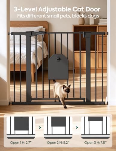 Babelio 36" Tall Baby Gate with Adjustable Cat Door, CatPrivilege I, 29-43" | Auto Close, Safety Gate for Stairs, Easy Walk Thru with Pet Door, Includes 4 Wall Cups and 3 Extension Pieces, Black