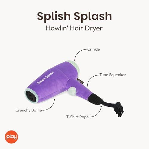 P.L.A.Y. Cute Plush Dog Toys - Splish Splash Bathtime Themed Durable Squeaker Chew Toy, Great for Puppies & Small, Medium, Large Dogs - Machine Washable, Recycled Materials (Howlin' Hair Dryer)