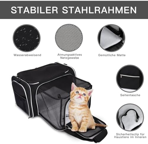 BAGLHER Expandable Cat Carrier with Travel Litter Box, Pet Travel 5 Sides Open Doors 3 Sides, Leak-Proof and Collapsible, for Car, Airplane Trip, Black
