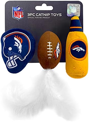 Best Plush CAT Toy - NFL Denver Broncos Complete Set of 3 piece Cat Toys Filled with Fresh Catnip. Includes: 1 Helmet Cat Toy, 1 Football Cat Toy with Feathers & 1 Beer Bottle. Beautiful Team Logos