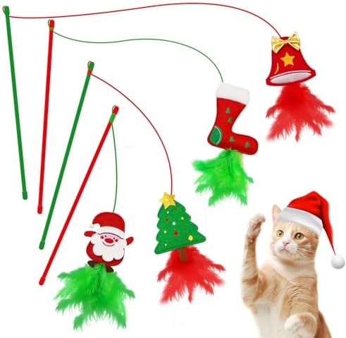 Christmas Cat Toys，4 Pack Cat Wand Toys for Indoor Cats Gifts with Catnip and Feathers, Wand for Cats and Kitten