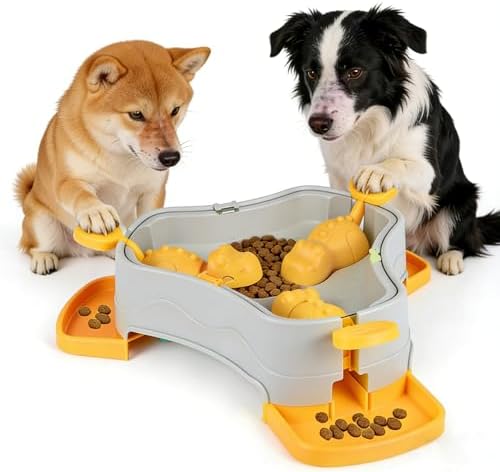Dog Cat Treat Dispenser Slow Feeder Toy, 3-in-1 Interactive Dog Puzzle Press Toys, Dog Enrichment Toy No-Slip Interactive Brain Training Toys for Smart Dog Cats (Grey/Yellow)