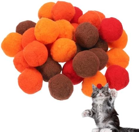 Cat Toy Pom Ball, Interactive Cat Ball Toys Fuzzy Pompoms (Plush, 1.2Inch, 30Pcs, Orange-Red Tones) for Kittens Pet Enrichment Training Play Indoor