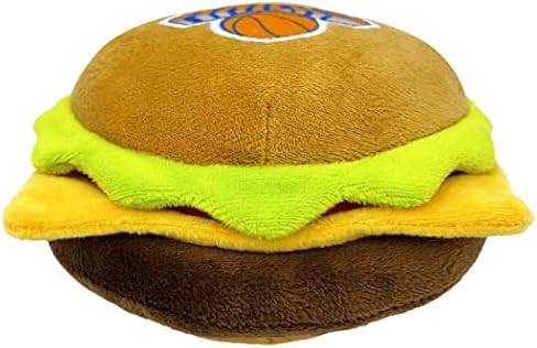 Pets First NBA New York Knicks Cheese Burger Plush Dog & CAT Squeak Toy - Cutest Stadium HAMBERGER Snack Plush Toy for Dogs & Cats with Inner Squeaker & Beautiful Basketball Team Name/Logo, Team Color