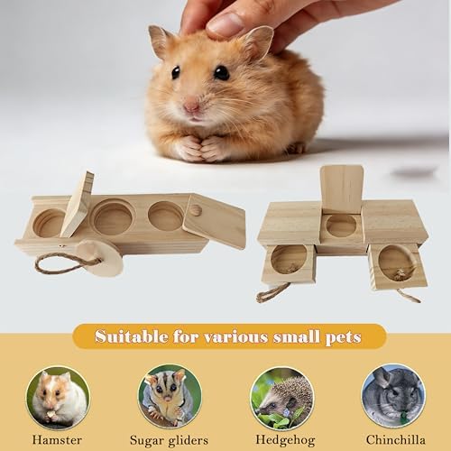 2 PCS Wooden Foraging Toys for Guinea Pigs, Hamsters & Chinchillas, Small Pet Puzzle Feeder with Drawers and Ropes, Natural Wood Chew Enrichment Activity Toy