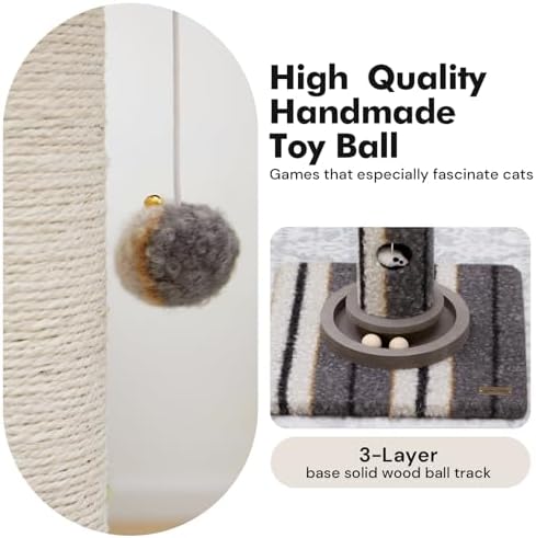 Woochpet Cat Scratching Post 34"Tall Grey Sisal Scratcher Tree With Cat Toy