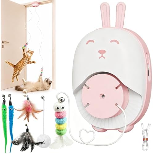 Interactive Cat Toys for Indoor Cats,Automatic Hanging Door Cat Teaser Feather Toy with 6 Accessories,2 Modes,Auto Pause & USB Rechargeable Electric Cat Chase Toy,Safe for Bored Adult Kitten-Pink2