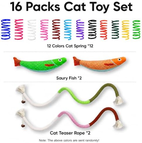 Cat Toys for Indoor Cats, 12-Color Springs, Plush Fish & Chew Rope Toys